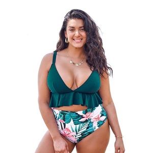 Women's plus size high waisted bikini floral and green ruffled size 0X 1X and 3X